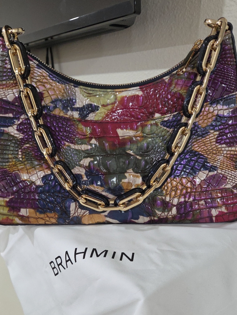Brahmin Esme Purple Multicolor Croc-Embossed Shoulder Bag with Gold Chain